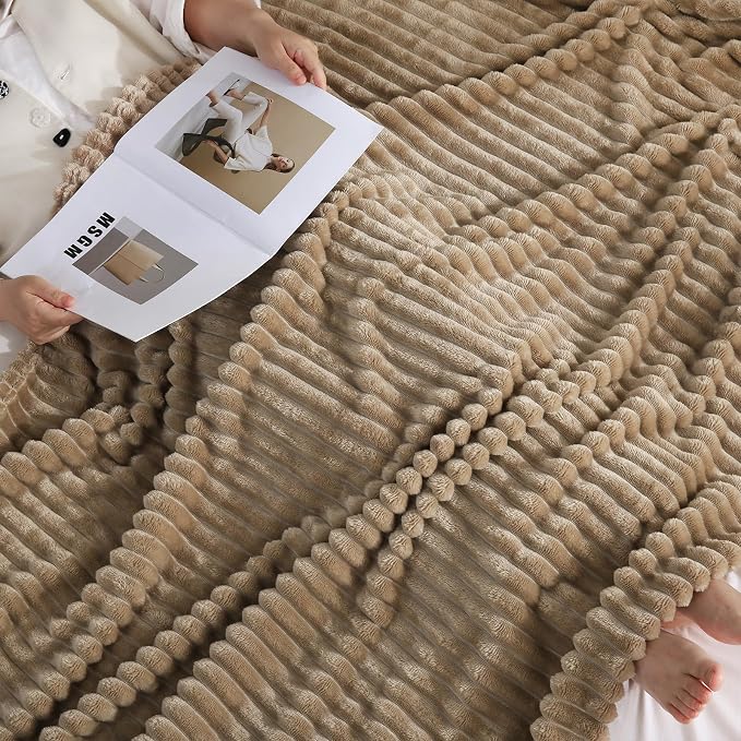 Tan Fleece Throw Blanket 50”×60” for Couch Sofa Livingroom | Super Soft Cozy Plush Microfiber Flannel Bed Blanket Striped Design Lightweight Home Decor Gifts for Adults Mom Women