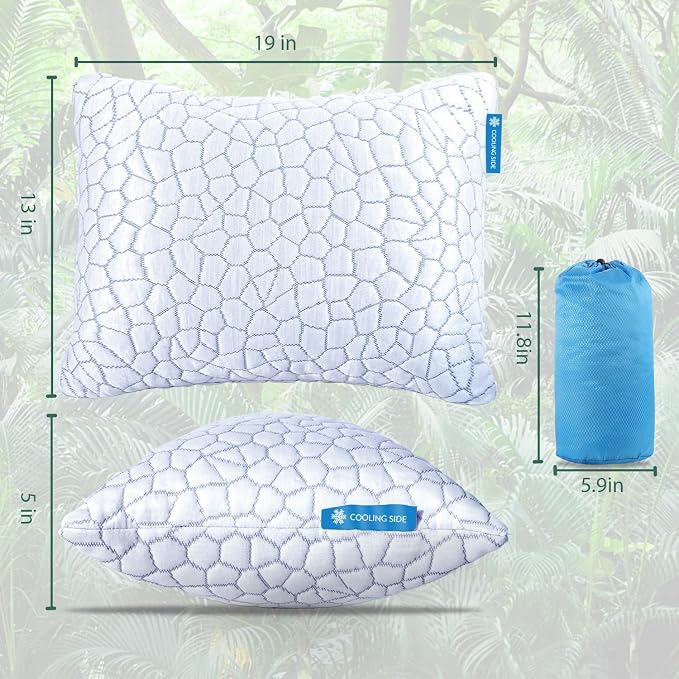 QUTOOL Cooling Pillow for Sleeping, CertiPUR-US Shredded Memory Foam Camping Pillow Set of 1, Backpacking for Hiking Gear, Portable Pillow with Travel Storage Bag, Soft Yet Support,White