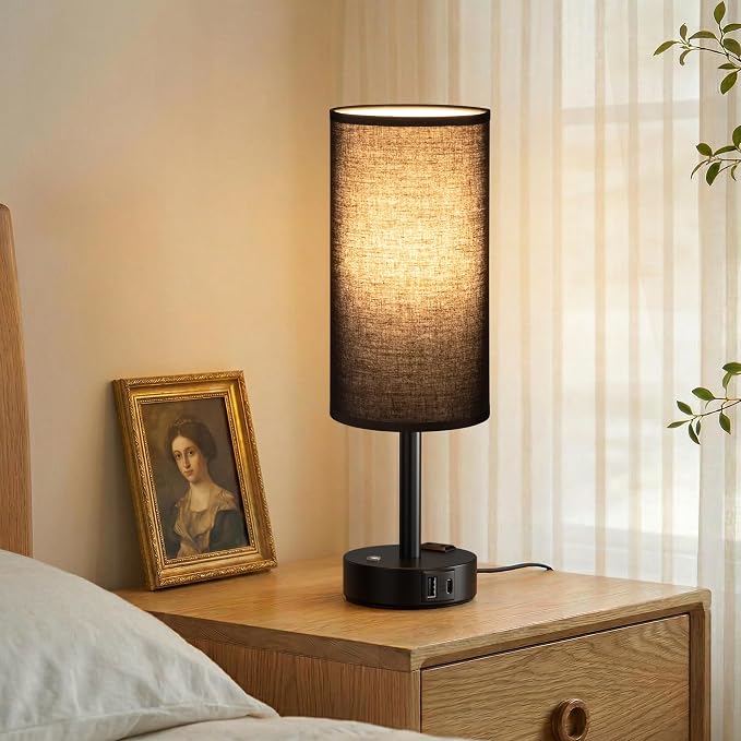 Black Touch Bedside Lamp for Bedroom, Stepless Dimmable, USB A+C, AC Outlet | Base Touch Button Only, Memory Brightness, Ultra-dim Night Light, Included Bulb for Optimal Dimming, Black Fabric Shade, Desk