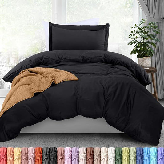 Duvet Cover Twin/Twin XL, 3 PC Cotton Like Polyester, Zipper Closure, Black | Extra Soft and Breathable, Wrinkle & Fade Resistant, Includes Duvet Cover and 1 Pillow Sham, Comforter Not Included, OekoTex