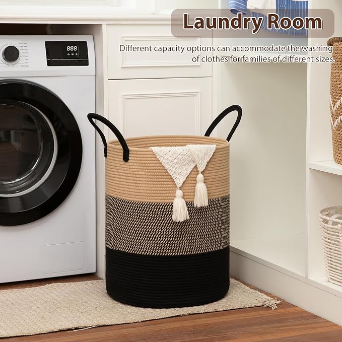 OIAHOMY 80L Nursery Hamper Laundry Basket Laundry Hamper Yellow/Black | collapsible Blanket Basket Cotton Rope Woven Basket Dirty Clothes Hamper Baby Hamper Tall Clothes Hamper with Handles