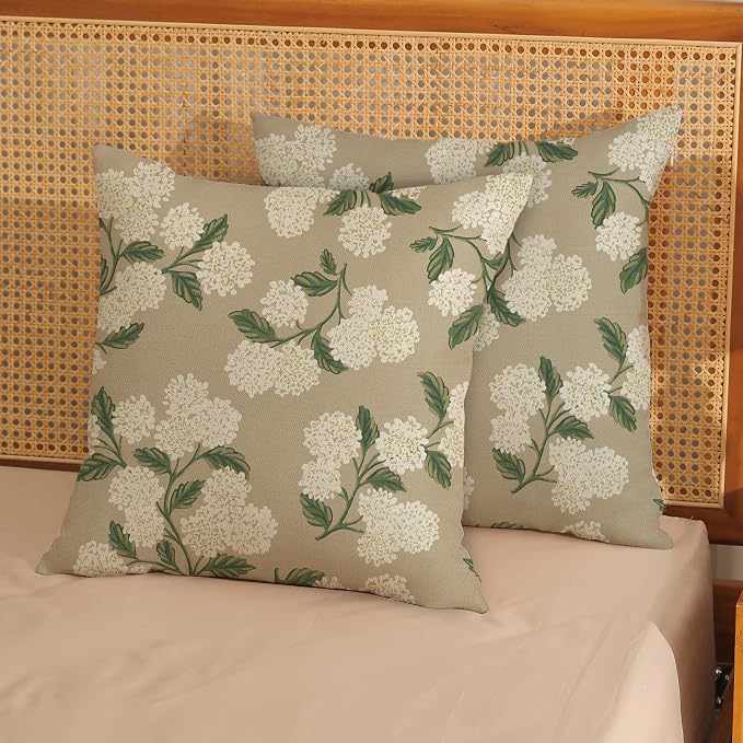 Beige Spring Pillow Covers 22x22 Inch 2 Pcs Khaki Green Hydrangea Flower Decor Throw Pillows Vintage Floral Seasonal Summer Outdoor Decoration Pillowcase Linen Cushion Cover for Couch Sofa