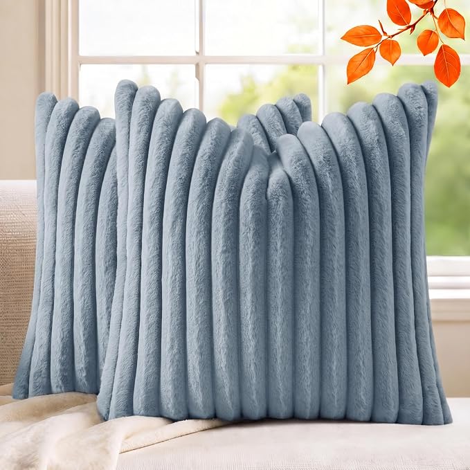 Pack of 2 Throw Pillow Covers 18x18 Decorative Solid Plush Faux Fur with Soft Velvet Back, Square Striped Cushion Cases Modern Farmhouse Home Decor for Living Room Couch Sofa Bed Serene Blue
