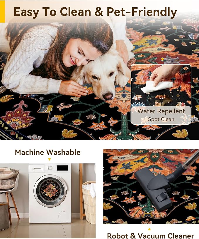 RELEANY Washable Area Rug, Round 5ft, Black/Colorful | Non-Slip, Water Repellent, Pet Friendly, Easy to Clean, Vintage Floral Boho Decor for Living Room Bedroom Dining Room