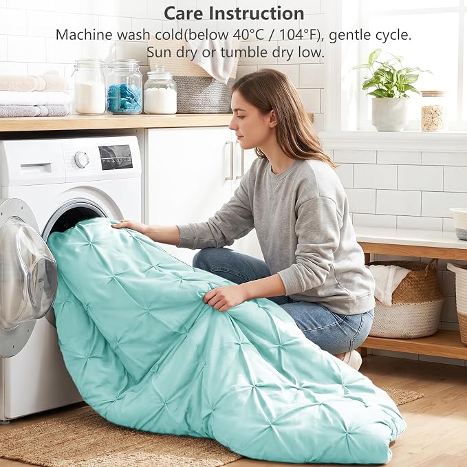 King Size Comforter Set Spa Blue, 7 Pieces Pintuck Bed in a Bag | OEKO-TEX 100 Certified, 240GSM All Season, Bedroom, Guest Room, Down-Alternative Comforter, Sheets, Pillowcases & Shams
