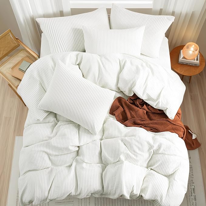 NEXHOME PRO Striped Duvet Cover Oversized Queen,100% Washed Cotton Bedding Set,Textured Linen Feel,Breathable,Organic,3 Piece(Green Stripes 98x98)