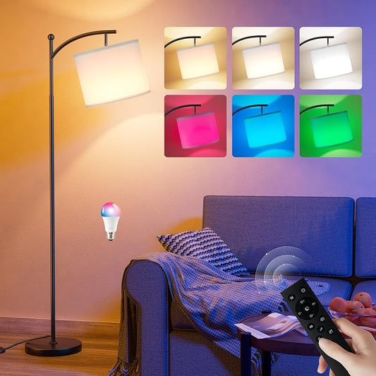 Floor Lamps with Smart Light Bulb, RGB + Color Temperatures Bright Dimmable Smart Floor lamp(White Shade & Black Pole)