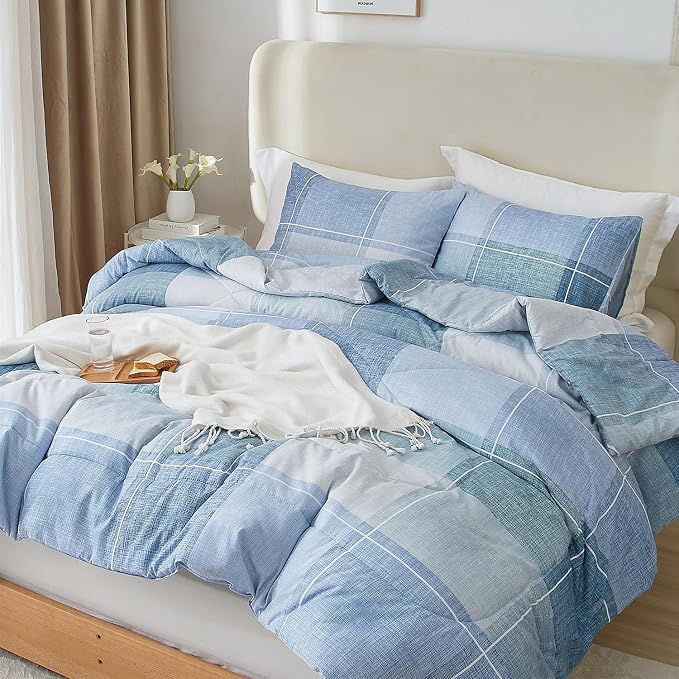 LifeTB Blue Checkered Comforter King Comforter Set Geometric Checkered Plaid Bedding Comforter for Men Boys Fluffy Soft Lightweight Bedding Boho Plaid Comforter Set for All Seasons King Size