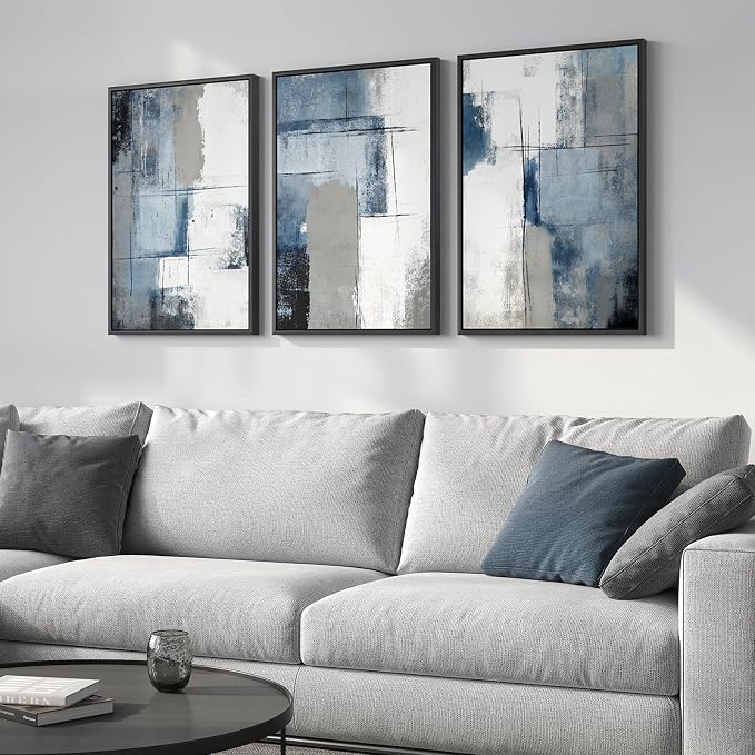 Framed Blue and Gray Abstract Modern Wall Art, 3 Piece Set, 16x24 In | Minimalist color block pictures, Canvas prints, Wood frame, Artwork for walls, Wall decor for living room dining room bedroom