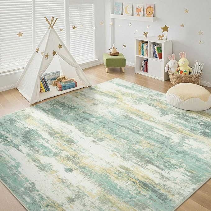 Rugflix 5x7 Area Rugs for Living Room, Washable Light Green Large Rug | Machine Washable; Stain-Resistant; Low Pile; Non-Slip; Modern Abstract; Carpet for Bedroom Dining Office Nursery Home