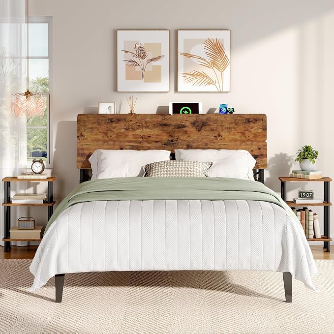 HOOBRO Height-Adjustable Headboard with Outlets, Headboard Full Size Only | Headboard with Storage, Outlets, USB Ports, Full Size Headboard Only, Metal Headboard with Adapters for Bed, Rustic Brown