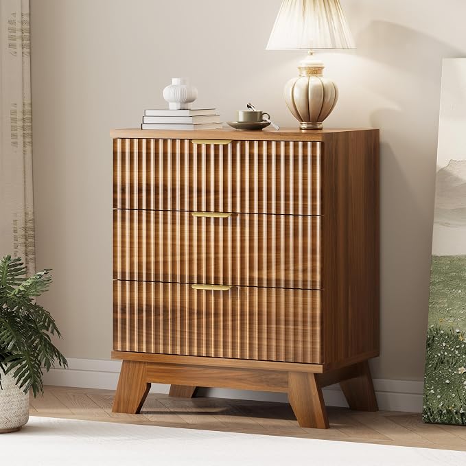 Xixini Fluted Dresser for Bedroom with 3 Drawers, 24" Wide Modern Chest of Drawers with Metal Handle, Wooden Dresser TV Stand, Wood Closet Clothes Storage Organizer for Living Room, Hallway, Walnut