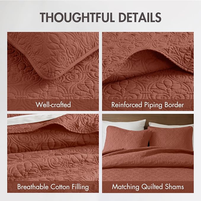 Madison Park Queen Quilt Bedding Set, Cottage-Inspired Damask, 3PC | All Season Quilted Coverlet, Classic Stitch Pattern Bedspread & Shams, Ultra Soft Microfiber Bedspread Set, Clay Red