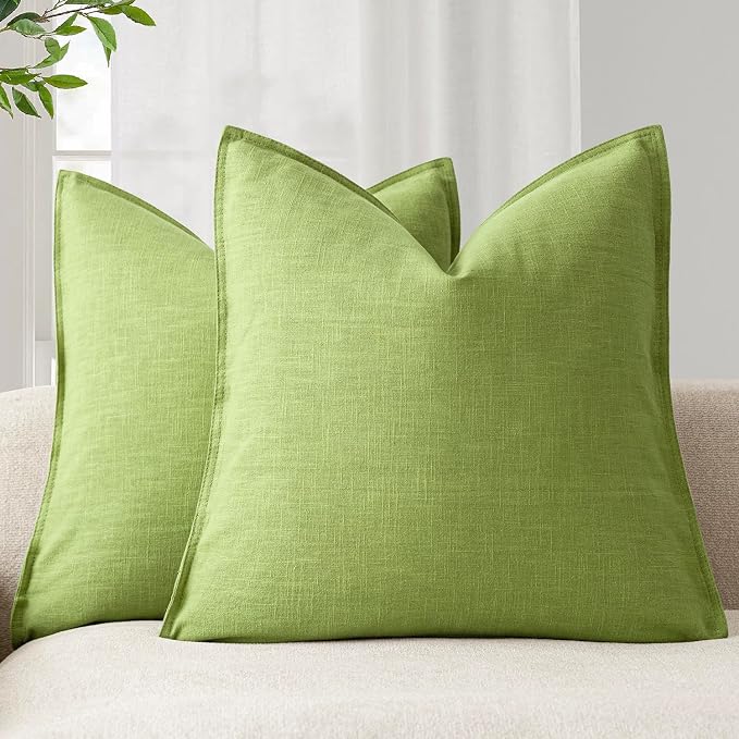 Foindtower Linen Solid Decorative Throw Pillow Covers 18x18 Inch Lush Green | Pack of 2 Boho Farmhouse Neutral Pillowcase,Soft Euro Accent Cushion Covers,Home Decor for Bed Couch Sofa Bedroom Living Room