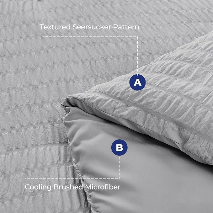 HYMOKEGE Light Grey King Size Comforter Set Seersucker 7 Pieces, All Season Luxury Bed in a Bag for Bedroom, Bedding Set with Comforters, Sheets, Pillowcases & Shams