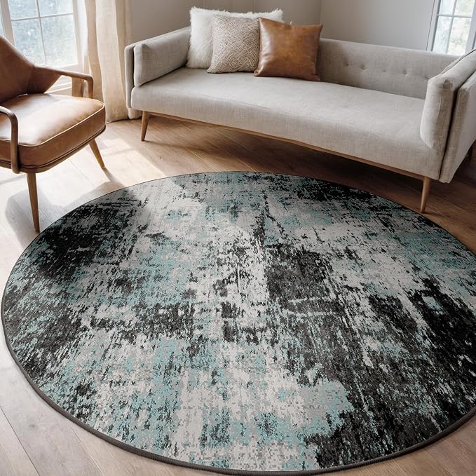 RELEANY Washable Round 6ft Area Rug for Living Room Teal Black | Carpet for Bedroom, Kitchen, Office, Hallway and Entryway, Printed Pattern, Non‑Slip, Soft, Stain‑Resistant, Easy to Clean