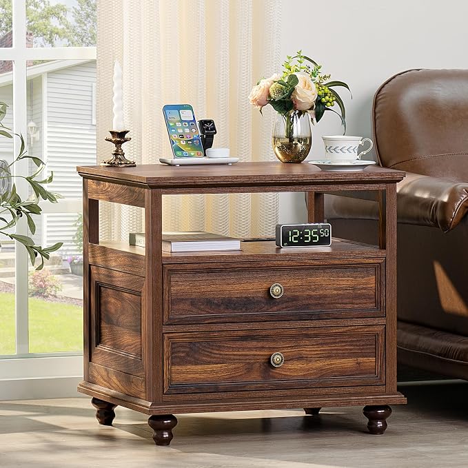 Joaxswe Farmhouse Nightstand with Charging Station, 24" Wide End Table with 2 Drawers,Brown Dresser for Bedroom, Bed Side Table Chest of Drawers Cabinet,Wood Night Stand for Living Room, Closet