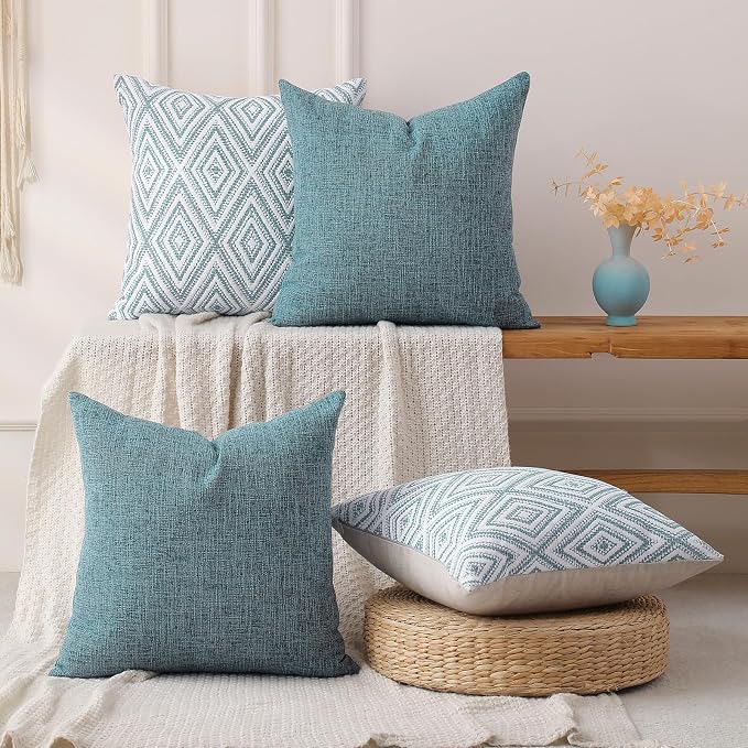 HPUK Throw Pillow Covers 20x20, Set of 4, Blue Textured Couch Pillow Covers | Polyester fabric, patterned and solid designs, hidden zippers, machine washable, for sofas and beds, inserts not included