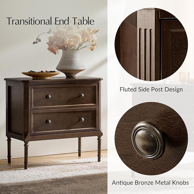 HULALA HOME Solid Wood End Table with Charging Station, Mid-Century Modern End Table with 2 Drawer, Adjustable Solid Wood Feet, Easy Assembly, Walnut