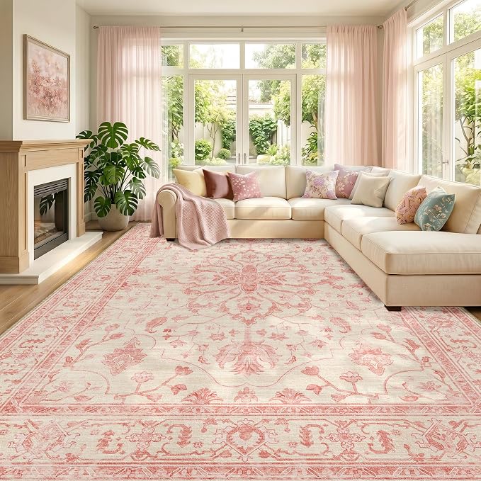 RELEANY Washable Area Rug, 8'x10', Pink/Light Vintage Pink | Non-Slip, Water Repellent, Pet Friendly, Easy to Clean, Vintage Floral Boho Decor for Living Room Bedroom Dining Room