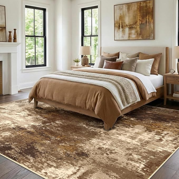 RELEANY Washable 6'x9' Abstract Area Rug for Living Room Brown Tan | Carpet for Bedroom, Kitchen, Office, Hallway and Entryway, Printed Pattern, Non‑Slip, Soft, Stain‑Resistant, Easy to Clean