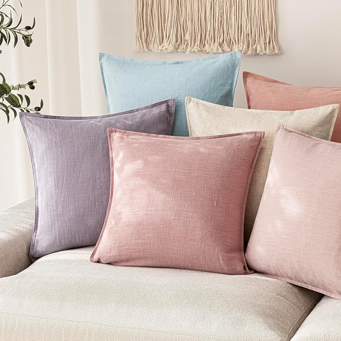 Foindtower Linen Solid Decorative Throw Pillow Covers 22x22 Inch Rose Pink | Pack of 2 Boho Farmhouse Morden Pillowcase,Accent Rustic Cushion Covers,Home Decor for Chair Couch Sofa Bedroom Living Room