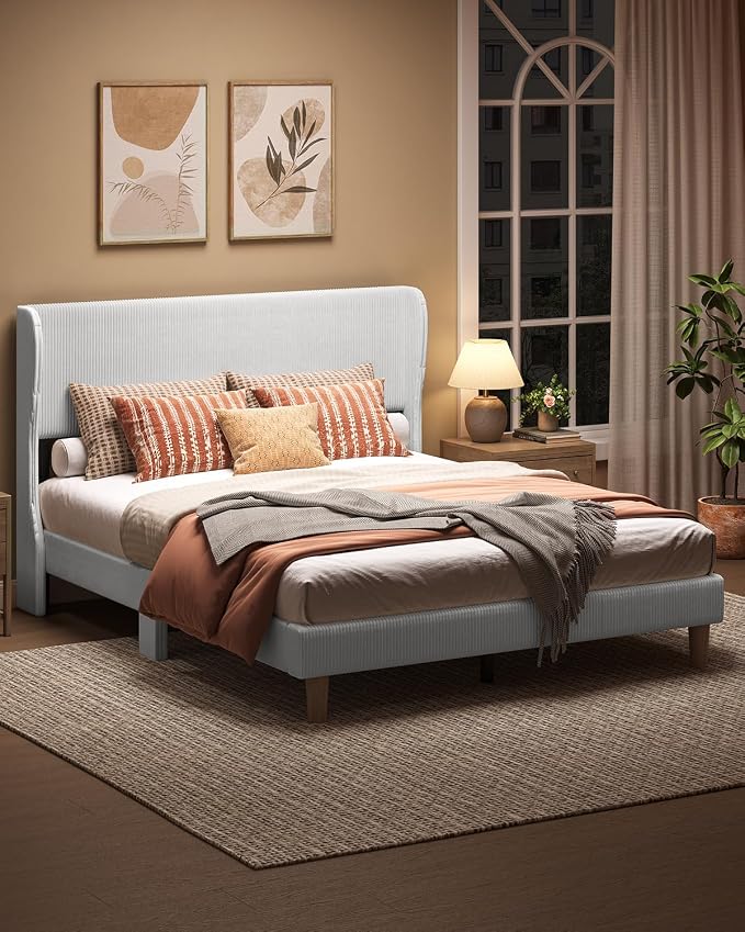 Bestier Queen Bed Frame with Wingback Headboard,Upholstered,Light Grey | No Squeaks,Easy Assembly,Wingback Headboard,Vertical Channel Corduroy Upholstered,Wooden Slats Support,No Box Spring Needed