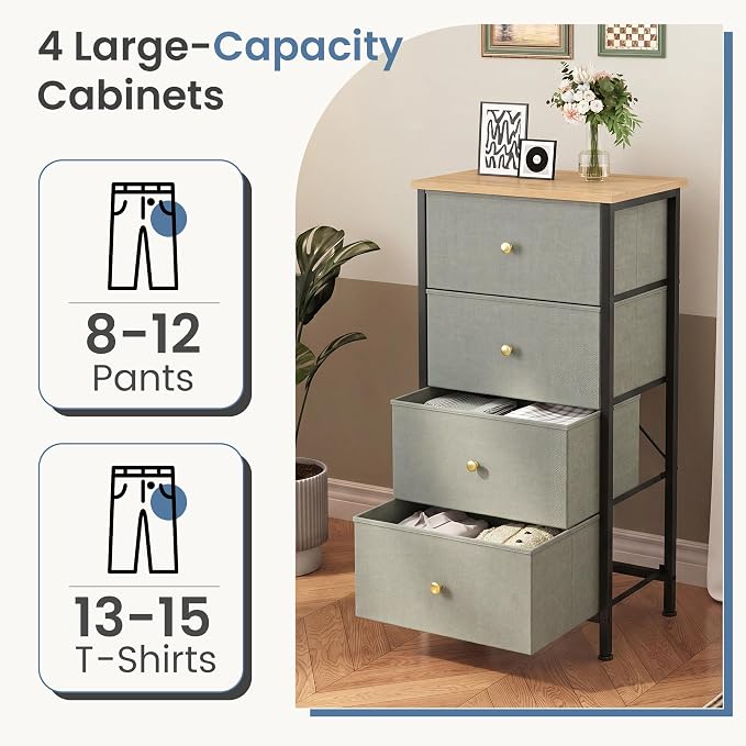 DUMOS Nightstand with 4 Drawers, Bedside Table with Removable Fabric Bins, Sturdy Steel Frame Wood Top Organizer Furniture for Bedroom Closet Living Room, Ink Green