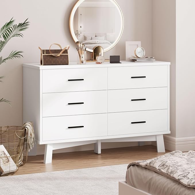 Xixini Dresser for Bedroom, 6 Drawer Wide Modern Chest of Drawers with X-Shaped Sturdy Base, Wood Double Dresser Closet Clothes Storage Organizer, Wooden TV Stand for Living Room, Hallway, White