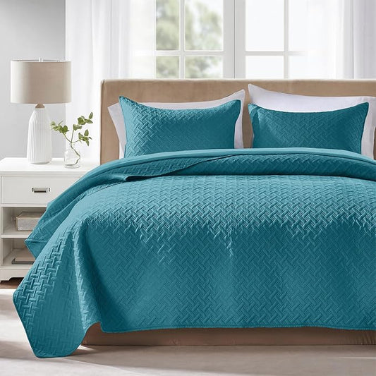 FLYMME Twin Quilt Set,Lightweight Teal Bedspreads,Basket Weave Pattern,Ultra Soft Microfiber Bedspread Bed Coverlet 2 Pieces for All-Seasons (1 Quilt,1 Shams)
