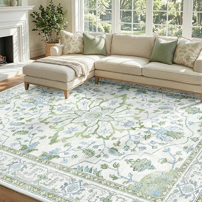 RELEANY Washable Area Rug, 8'x10', Green/White/Blue | Non-Slip, Water Repellent, Pet Friendly, Easy to Clean, Vintage Floral Boho Decor for Living Room Bedroom Dining Room