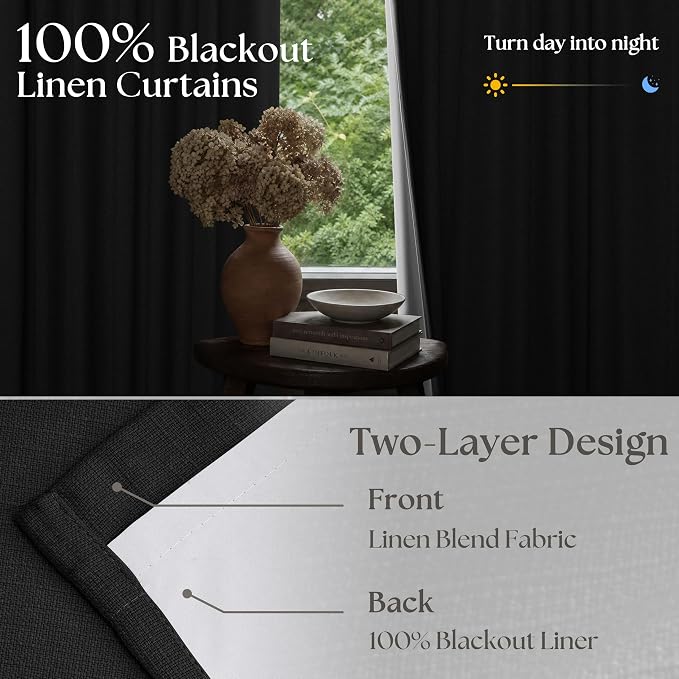 Black 105 Inch Pinch Pleated 100% Blackout Curtains with Liner 2 Panels Set | Thick Linen Textured, Energy Saving, Soundproof, Light UV Blocking, Thermal Insulated Curtain for Living Dining Room Bedroom