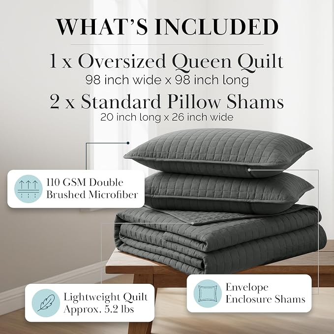 Southshore Fine Living, Inc. Summer Bedspreads Queen Size Set, Full/Queen Quilt Bedspread with 2 Matching Pillow Shams, Soft Microfiber Quilt Set, Lightweight Quilts Coverlet, Slate Grey Quilts