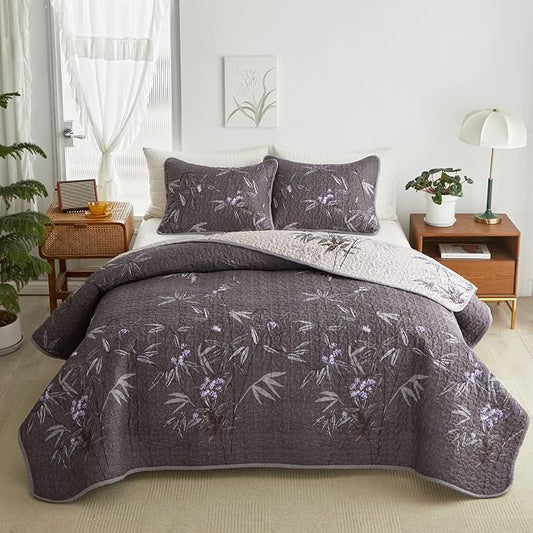 Flysheep Quilt Set 3 Pieces Full/Queen Size, Black Leaves Botanical Design Reversible Bedspread Coverlet Set, Soft Microfiber Lightweight Bed Cover for All Season (90" x 90", 1 Quilt+ 2 Pillow Shams)
