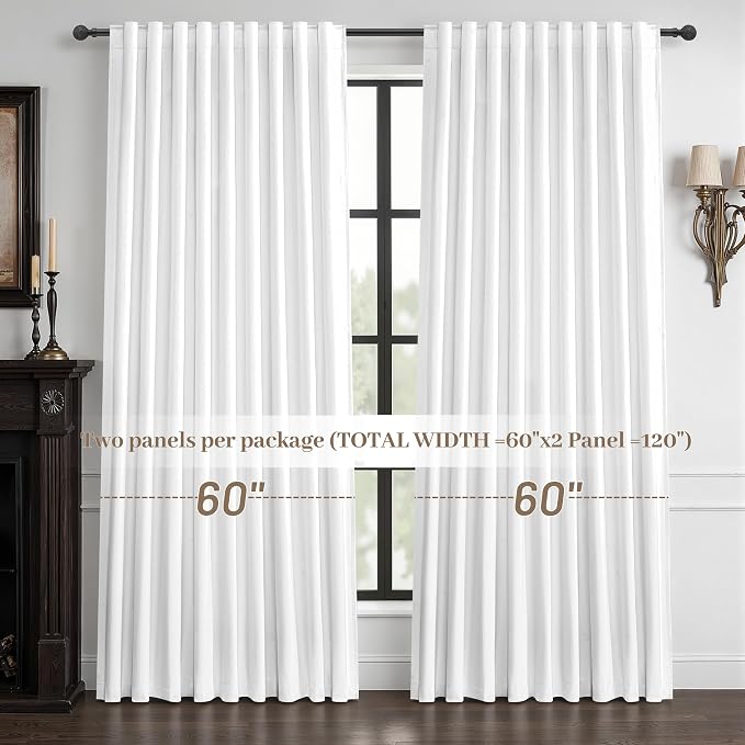 Pure White Blackout Curtains 60 Inches Extra Wide Modern Linen 84 Inch Length for Living Room, Boho Pleated Farmhouse Bedroom Large Window Thermal Heavy Drapes for Winter 60"W x 84"L 2 Panels