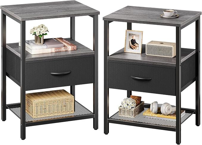 Huuger Nightstand Set of 2, Night Stand with Fabric Drawer, Mesh Shelf | side Table with Storage, Fabric Drawer Dresser, Open Shelf, Metal Frame, Bedroom, Charcoal Gray