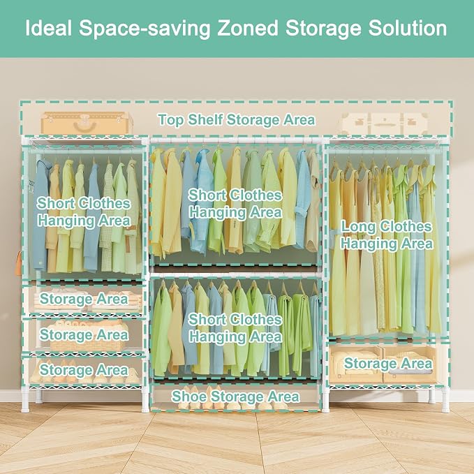 SEMHOR E06 Expandable Heavy Duty Clothes Rack for Reach-in Closet | Freestanding Clothing Racks with Shelves, Carbon Steel Closet Organizer System Adjustable 70.8-93.9", Max Load 800LBS, White