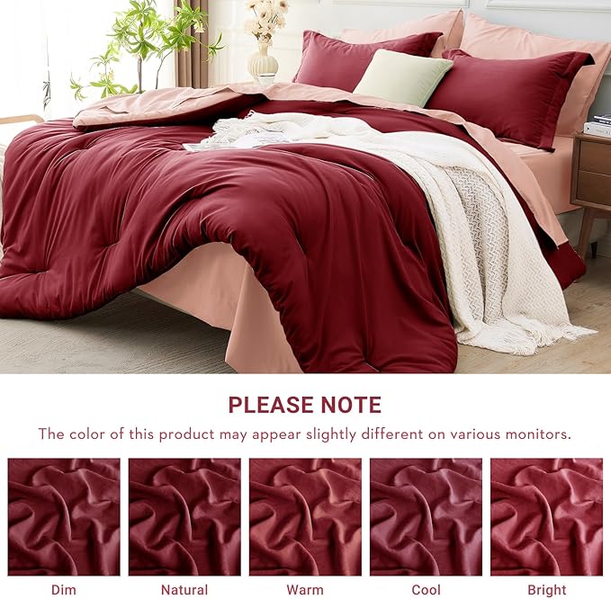 7 Pieces Queen Comforter Set, Soft Bed in a Bag Queen Size, All Season Bedding Set with Comforter, Flat Sheet, Fitted Sheet, Pillowcases & Shams, Burgundy & Rose Gold