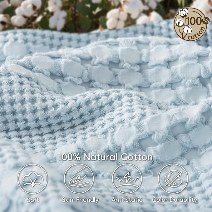 PHF Lightweight 100% Cotton Waffle Blanket for Bed, Queen, Sky Blue | Pre-Washed Soft Cotton Comfort, Breathable Layering Warmth for Fall & Winter, Bed, Sofa, Couch, Home Decor & Gifts