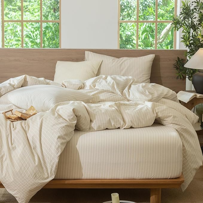MooMee Striped Duvet Cover Set 100% Washed Cotton Linen Like Alaska King | Relaxed Linen-like Texture. Soft, Breathable & Long-lasting Comfort. Lightweight. Hidden Zipper with 8 Interior Corner Ties