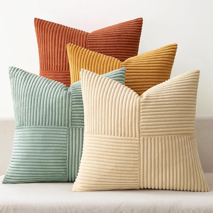 MIULEE Fall Teal-Orange Decorative Throw Pillow Covers 20x20 Inch Set of 4 Boho Corduroy Striped Cushion Cases Modern Farmhouse Patchwork Pillow Cases for Couch Sofa Bedroom Home Decor