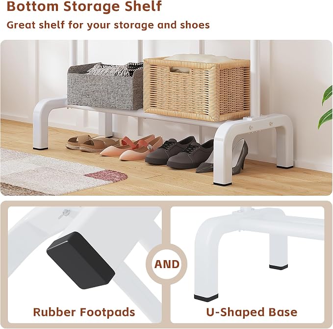 JIUYOTREE Garment Rack Clothing Clothes Rack for Clothes Organizing White | Standard Metal 34 Inches Garment Rack with Bottom Shelf for Hanging Clothes Coats Jackets Shirts Sweaters Jeans White