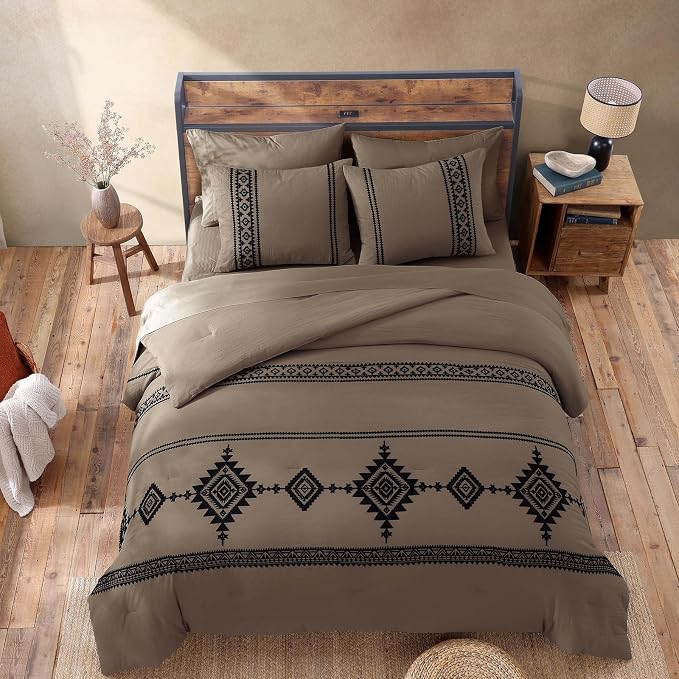 MaiRêve Embroidery King Size Comforter Set 7 Pieces Taupe Grey Bed in a Bag | Western Boho Farmhouse Bedding Sets with Comforter, Sheets, Pillowcases & Shams