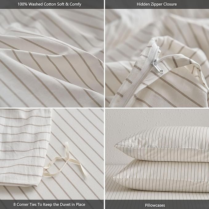 MooMee Striped Duvet Cover Set 100% Washed Cotton Linen Like | Relaxed Linen-like Texture. Soft, Breathable & Long-lasting Comfort. Lightweight. Hidden Zipper with 8 Interior Corner Ties