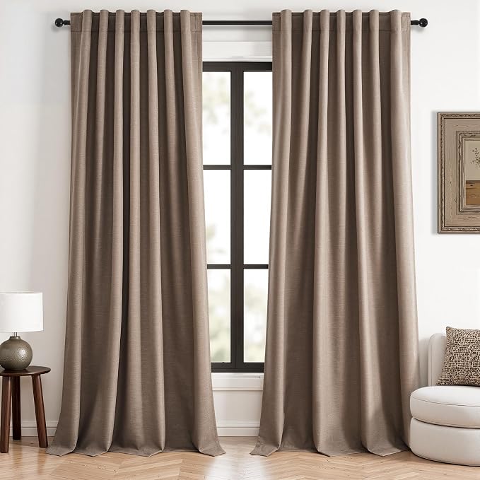 Topfinel 132 Inch Curtains 2 Panels for Bedroom Living Room Darkening Linen Blackout Drapes Thermal Insulated 100% Black Out Linen Drapes Back Tab Large Window Curtains Dark Flax