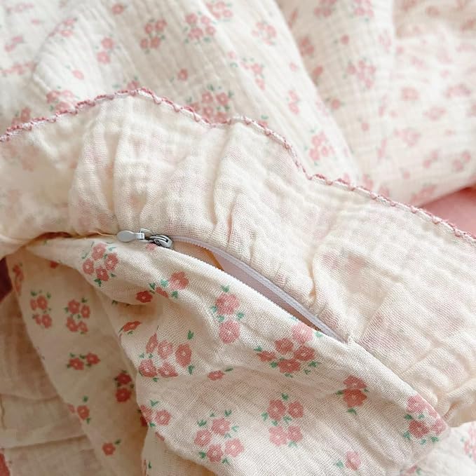 Girls Baby Duvet Cover Pink Flower Duvet Covers Muslin Cotton Toddler Kids Duvet Cover Quilted Protector, 47"x59", Galsang Print (No Filling)
