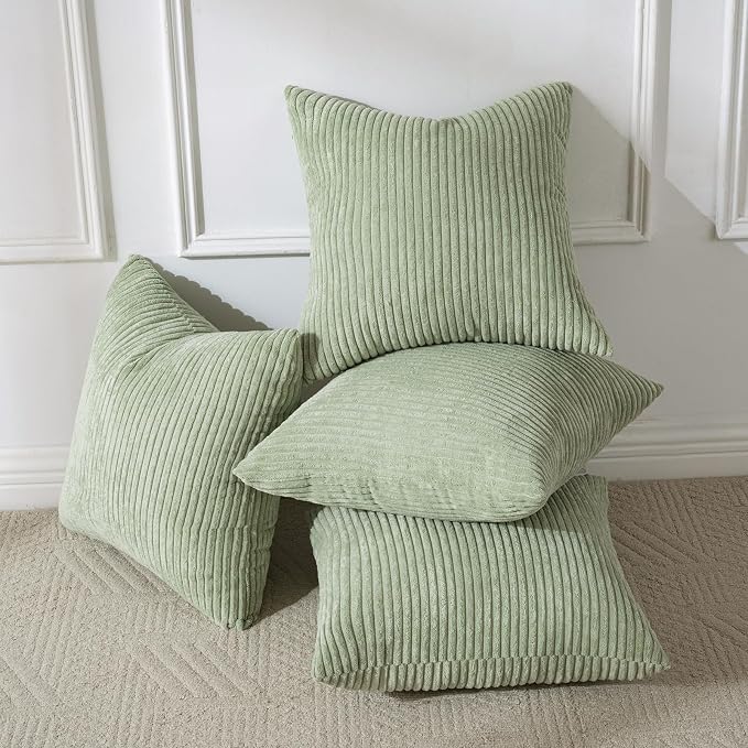 Volcanics Set of 4 Sage Green Corduroy Couch Throw Pillow Covers 18x18 in | Decorative Western Modern Farmhouse Striped Cushion Cases, Soft Boho Square Accent Pillow Covers for Home Sofa