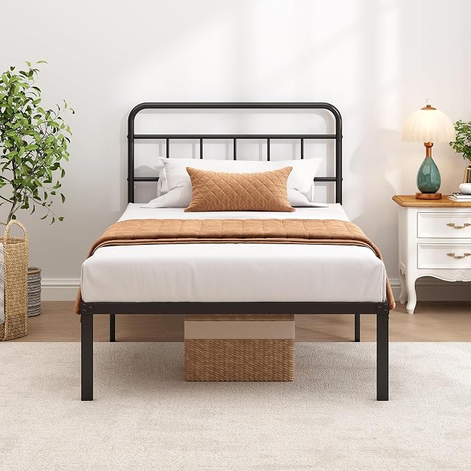 Twin Bed Frame with Classic Headboard, Black | Strong Metal Slats Support,Under Bed Storage Space,No Box Spring Needed,Easy to Assemble