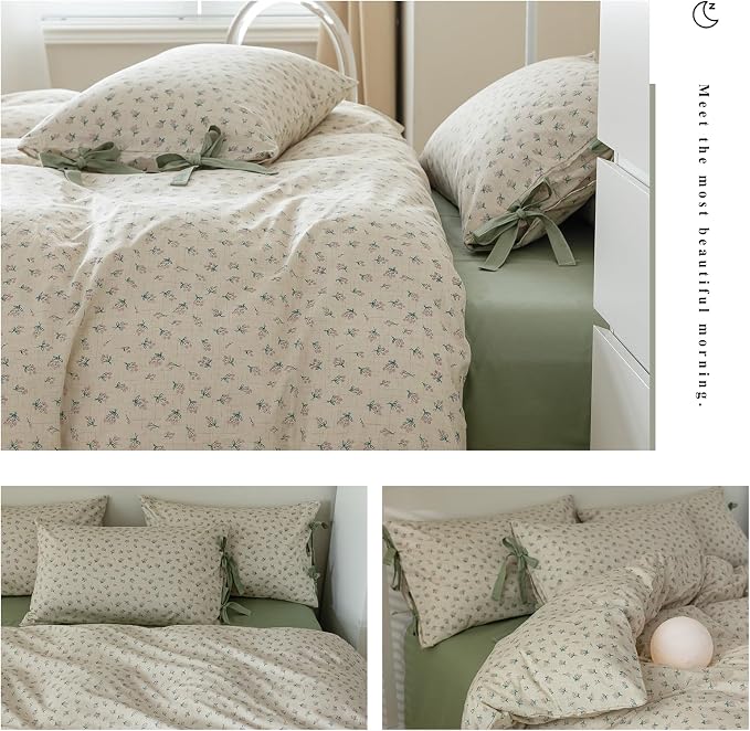 mixinni Country Style Duvet Cover Queen Size - Cottagecore Green Floral Vintage Bedding 3PC with Bow Ties Pillowcases, 100% Cotton Soft Aesthetic Boho Comforter Cover for Girls-Queen Size