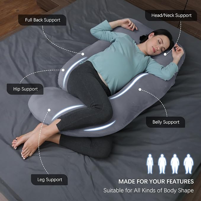 MOON PARK Pregnancy Pillows for Sleeping - U Shaped Full Body Maternity Pillow with Removable Cover - Support for Back, Legs, Belly, HIPS - 65 Inch - Dark Grey